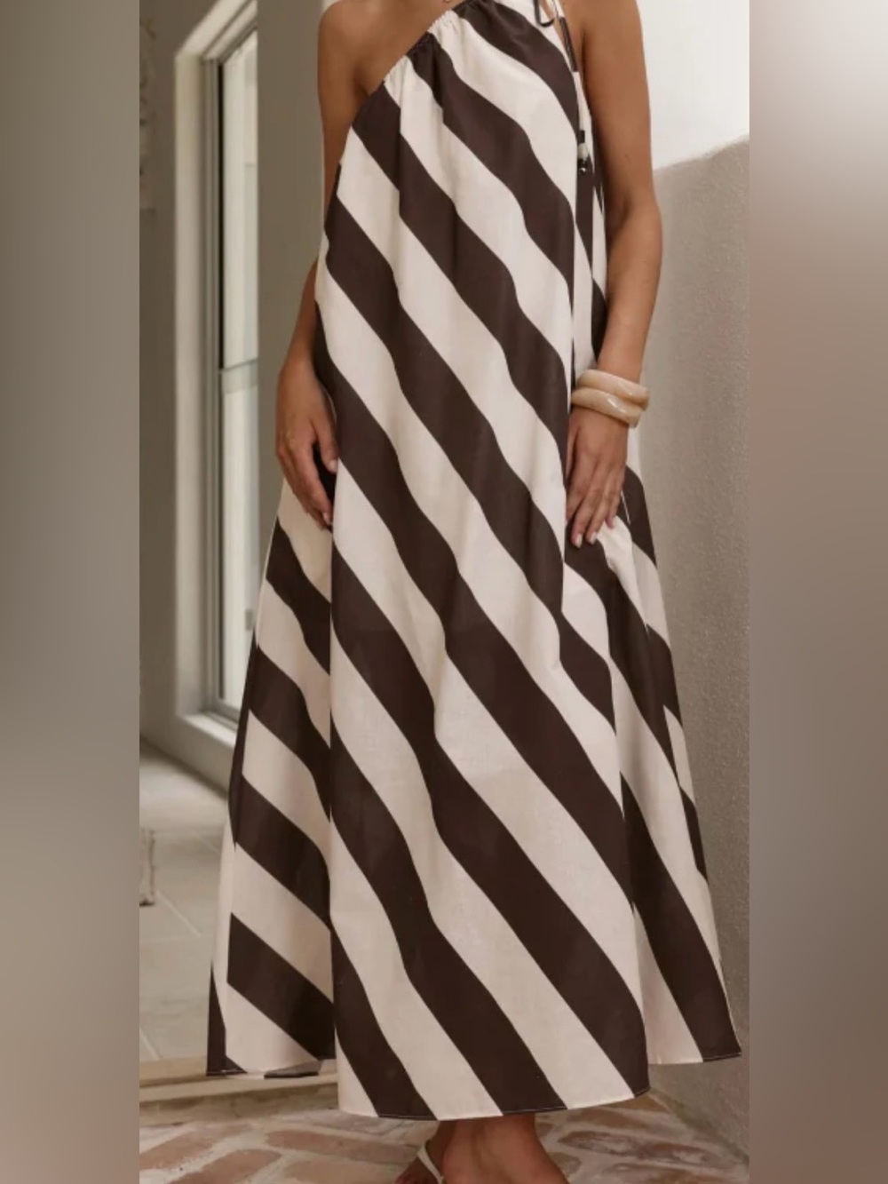 One-Shoulder Brown and White Striped Maxi Dress (L)